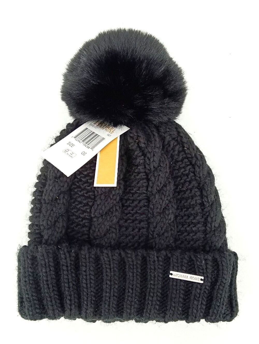 Michael Kors Black Cable Knit Pom Pom Beanie Hat NWT OS Winter